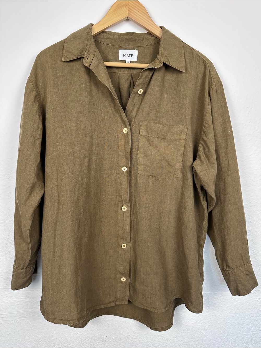 MATE The Label 100% Linen Oversized Button Down Shirt XS Brown Long Sleeve